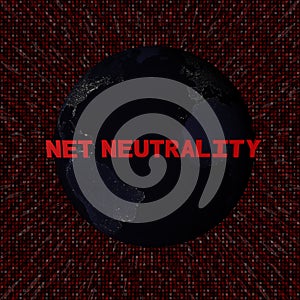 Net Neutrality text with earth by night and red hex code illustration