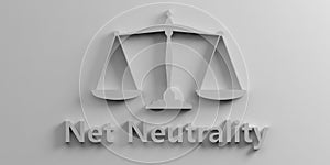 Net neutrality text and flat law scales balance on grey background