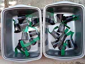 Net pots and plastic containers for hydroponic growing equipment.