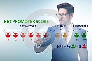 Net Promoter Score NPS concept with businessman pressing virtual