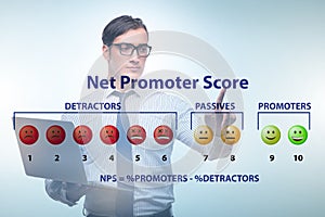 Net Promoter Score NPS concept with businessman pressing virtual