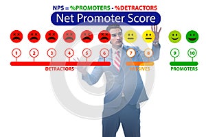 Net Promoter Score NPS concept with businessman pressing virtual