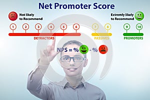 Net Promoter Score NPS concept with businesswoman pressing virtu