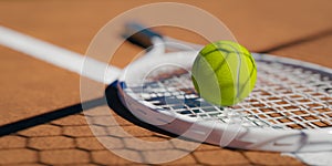 Net shadows cast over tennis racquets and balls on a tennis court, 3d rendering