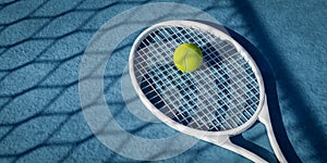 Net shadows cast by tennis rackets and balls on a tennis court, 3d rendering