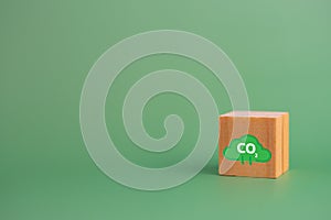 Net zero and carbon credit with wood cube block icon co2 eco on green background