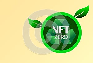 Net zero and carbon neutral concept. Green recycling symbol with the words net zero. CO2 level gauge percentage reduced to 0 Net