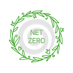 Net zero. Carbon neutral round label with floral frame. Vector isolated design