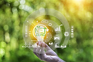 net zero concept. Hand holding with net zero icon on blur green leaf. carbon neutral and green natural background  on with clean