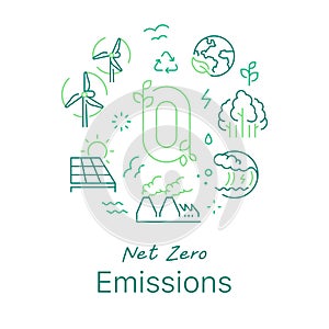 Net zero emissions concept vector illustration. Line art style background design for Article, Web page, Banner, Print ad, etc.