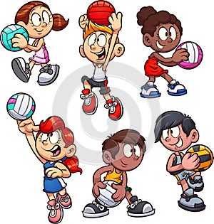 Cartoon boys and girls playing netball