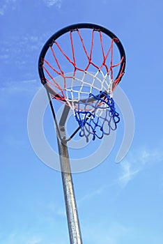 Netball net against blue sky