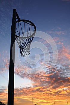 Netball net and sunset