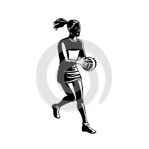 Netball Player Catching and Passing Ball Retro Black and White