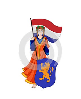 netherland girl holding flag and shield vector illustration