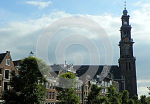 Netherlands, Amsterdam, 130 Prinsengracht, view of the houses and the bell tower of the Westerkerk