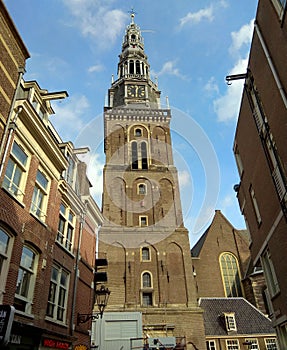 Netherlands, Amsterdam, 2 Wijde Kerksteeg, Oude Kerk (Old Church), main tower with the church bell tower