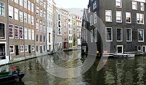 Netherlands, Amsterdam, 4 Oudezijds Voorburgwal, view of the canal and houses on the waterfront