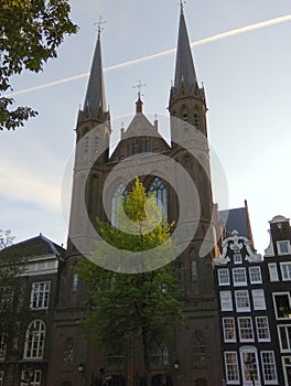 Netherlands, Amsterdam, 409 Singel, De Krijtberg Kerk, view of the church from the canal embankment