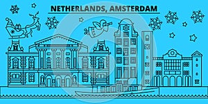Netherlands, Amsterdam city winter holidays skyline. Merry Christmas, Happy New Year decorated banner with Santa Claus