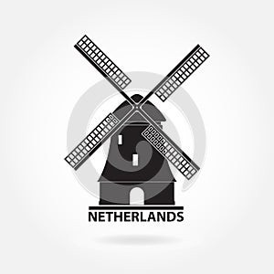 Netherlands and Amsterdam symbol. Windmill icon or sign isolated on white background. Mill silhouette. Vector illustration.