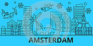 Netherlands, Amsterdam winter holidays skyline. Merry Christmas, Happy New Year decorated banner with Santa Claus