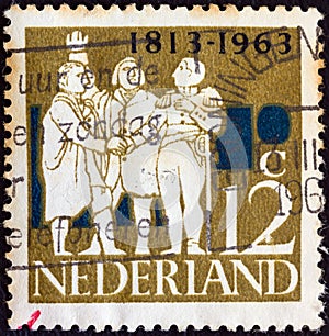 NETHERLANDS - CIRCA 1963: A stamp printed in the Netherlands shows the Driemanschap Triumvirate of 1813, circa 1963.