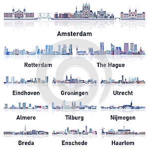 Netherlands cities skylines in soft cold tones color palette vector set