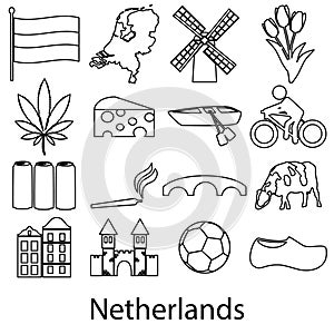 Netherlands country theme outline symbols icons set eps10