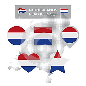 Netherlands denmark flag icons set in the shape of square, heart, circle, stars and pointer, map marker. Mosaic map of denmark