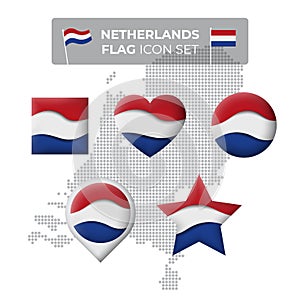 Netherlands denmark flag icons set in the shape of square, heart, circle, stars and pointer, map marker. Mosaic map of denmark