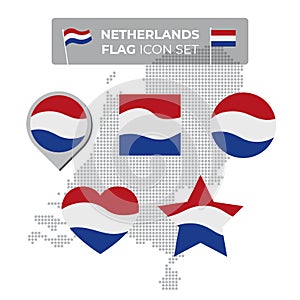 Netherlands denmark flag icons set in the shape of square, heart, circle, stars and pointer, map marker. Mosaic map of denmark