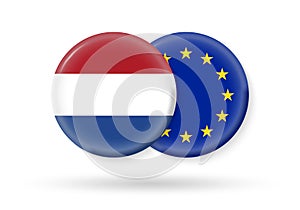Netherlands and EU circle flags. 3d icon. European Union and Dutch national symbols. Vector