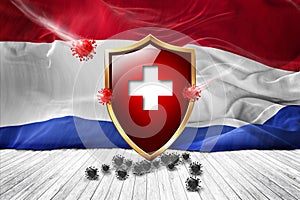 Netherlands flag with Metal Shiny red shield. virus protection, hygiene shield. virus Vaccine Protection aganst coronavirus,