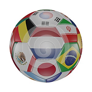 Netherlands flag among other world flags on 3D soccer ball. Isolated on white. Qatar 2022