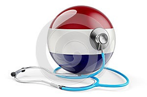 The Netherlands flag with stethoscope. Health care in Holland concept, 3D rendering