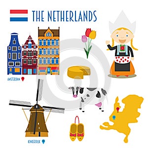 Netherlands Flat Icon Set Travel and tourism concept.