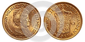 Netherlands 10 gulden gold coin vintage 1917