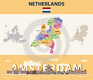 Netherlands local municipalities map colored by provinces. Amsterdam cityscape colorful poster. Vector