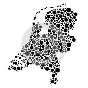 Netherlands map from black circles of different diameters or spots, blotches, abstract concept geometric shape. Vector