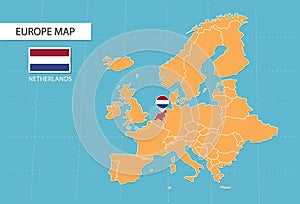 Netherlands map in Europe, icons showing Netherlands location and flags