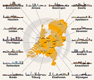 Netherlands map with main cities skylines. Vector illustration