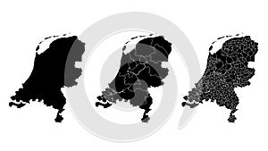 Netherlands map municipal, region, state division. Administrative borders, outline black on white background vector