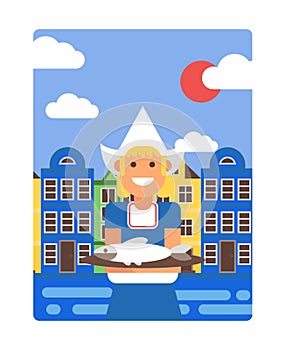 Netherlands poster in simple flat style, vector illustration. Smiling girl in traditional Dutch costume holding dish