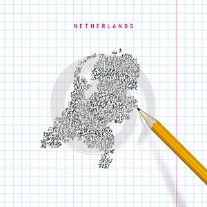 Netherlands sketch scribble vector map drawn on checkered school notebook paper background