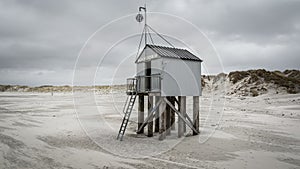 Netherlands, Terschelling - March 8, 2020: Famous authentic wooden beach hut, for shelter, on the island of Terschelling in the