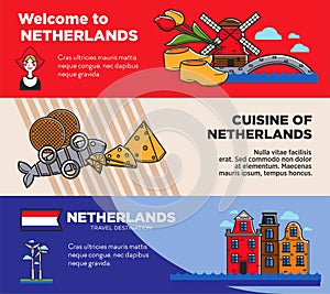 Netherlands travel destination promo posters set with sample texts