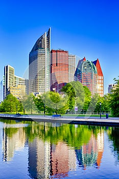 Netherlands Travel Destinations. The Hague Skyscrapers Skyline at Blue Hour in The Netherlands