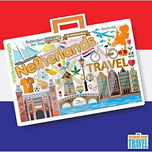 Netherlands travel. Set vector icons and symbols in form of suitcase