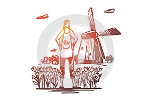 Netherlands, tulips, windmill, travel, symbol concept. Hand drawn isolated vector.